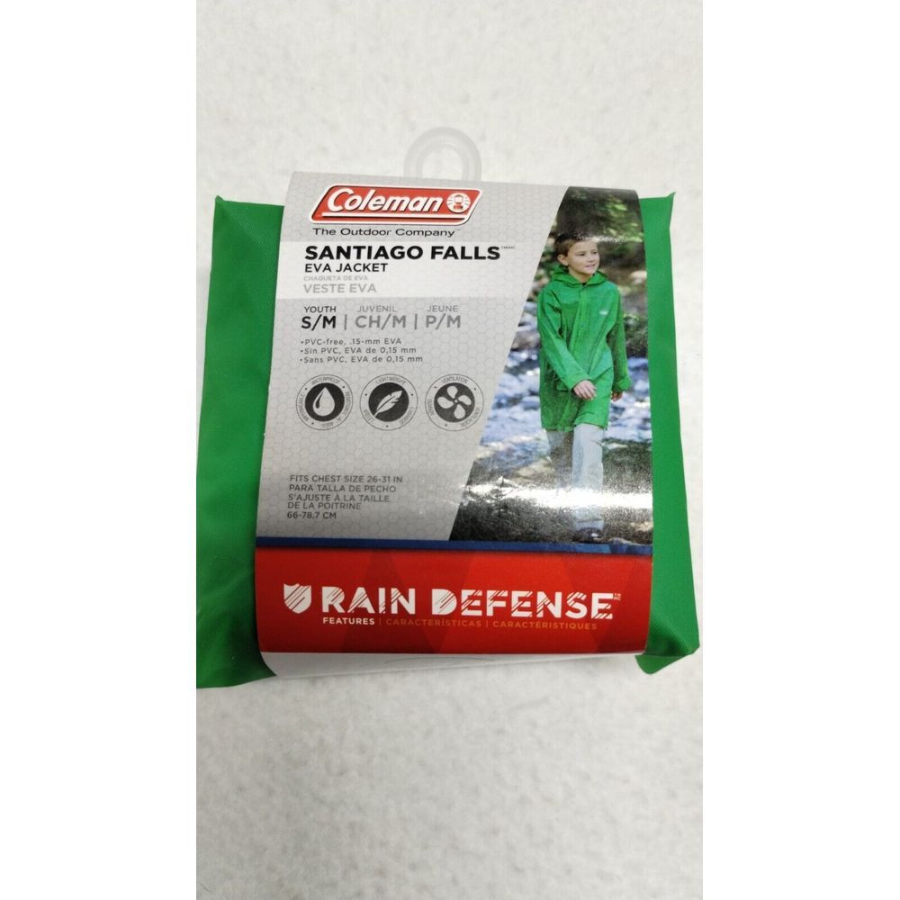 Coleman Youth Rain Jacket Green Hood Fits Chest Size 26"- 31" S/M Unisex Compact